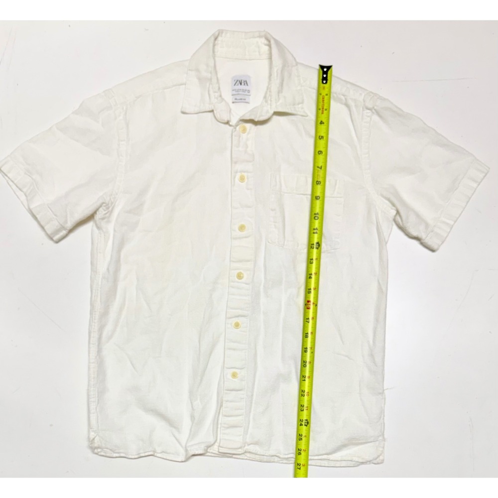 Zara Man White Cotton Linen Textured‎ Short Sleeve Button Down Shirt Relaxed Med